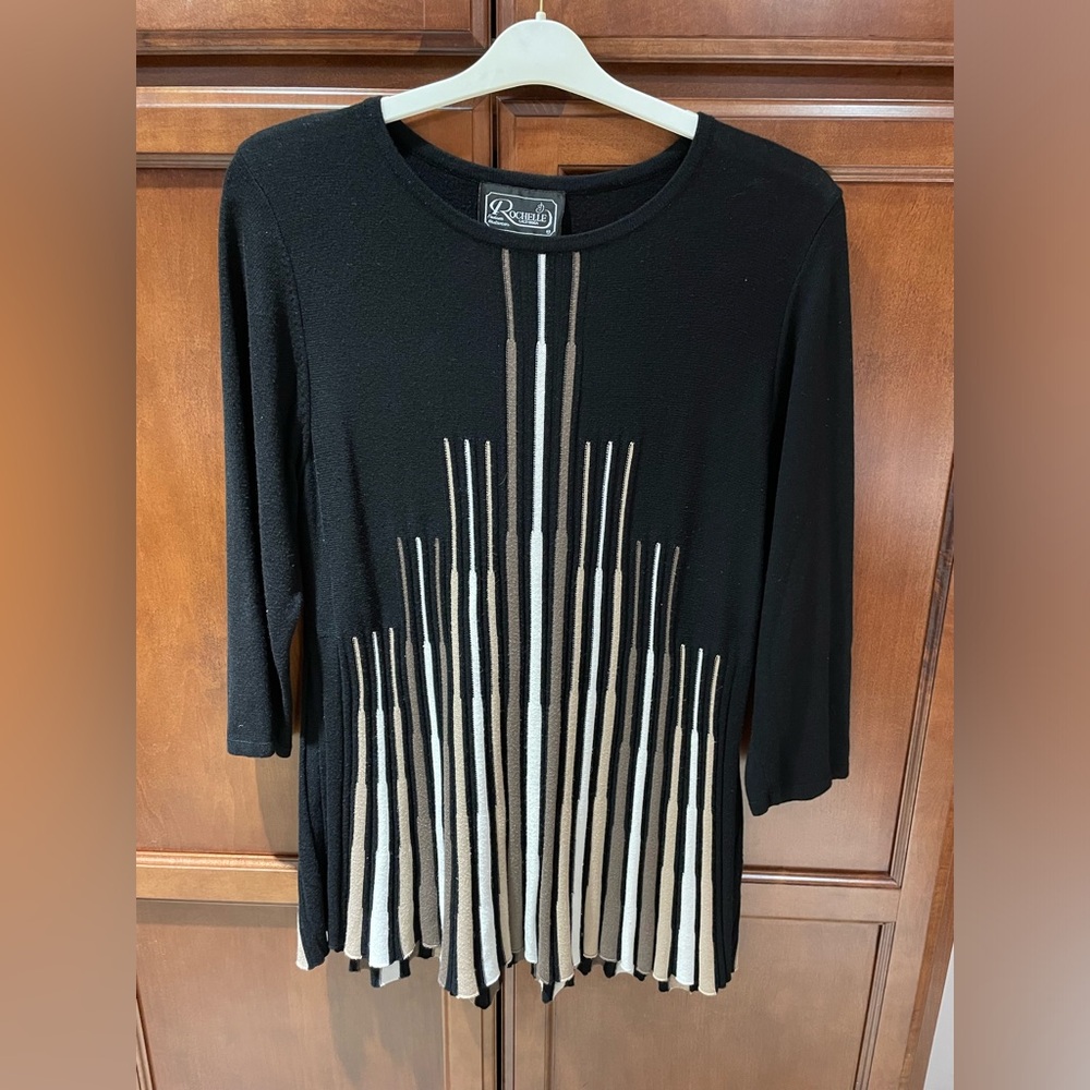 Rochelle black with stripes tunic sweater. Pair with leggings and boots.